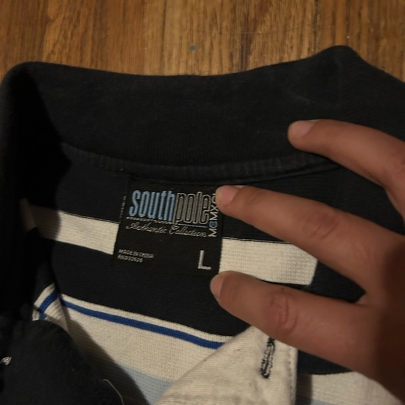 Vintage Southpole Polo Shirt Mens L Blue/Black/White Striped Hip Hop Urban Y2K - Picture 5 of 6